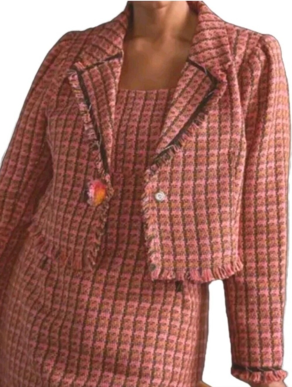 Woman 12 Mauve Anthropologie Blazer Jacket Fringed Cropped Fall Plaid Tweed New